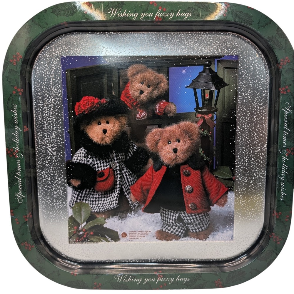 Boyds Bears Christmas Serving Tray Metal Wishing You‎ Fuzzy Hugs Vintage 90s SEE